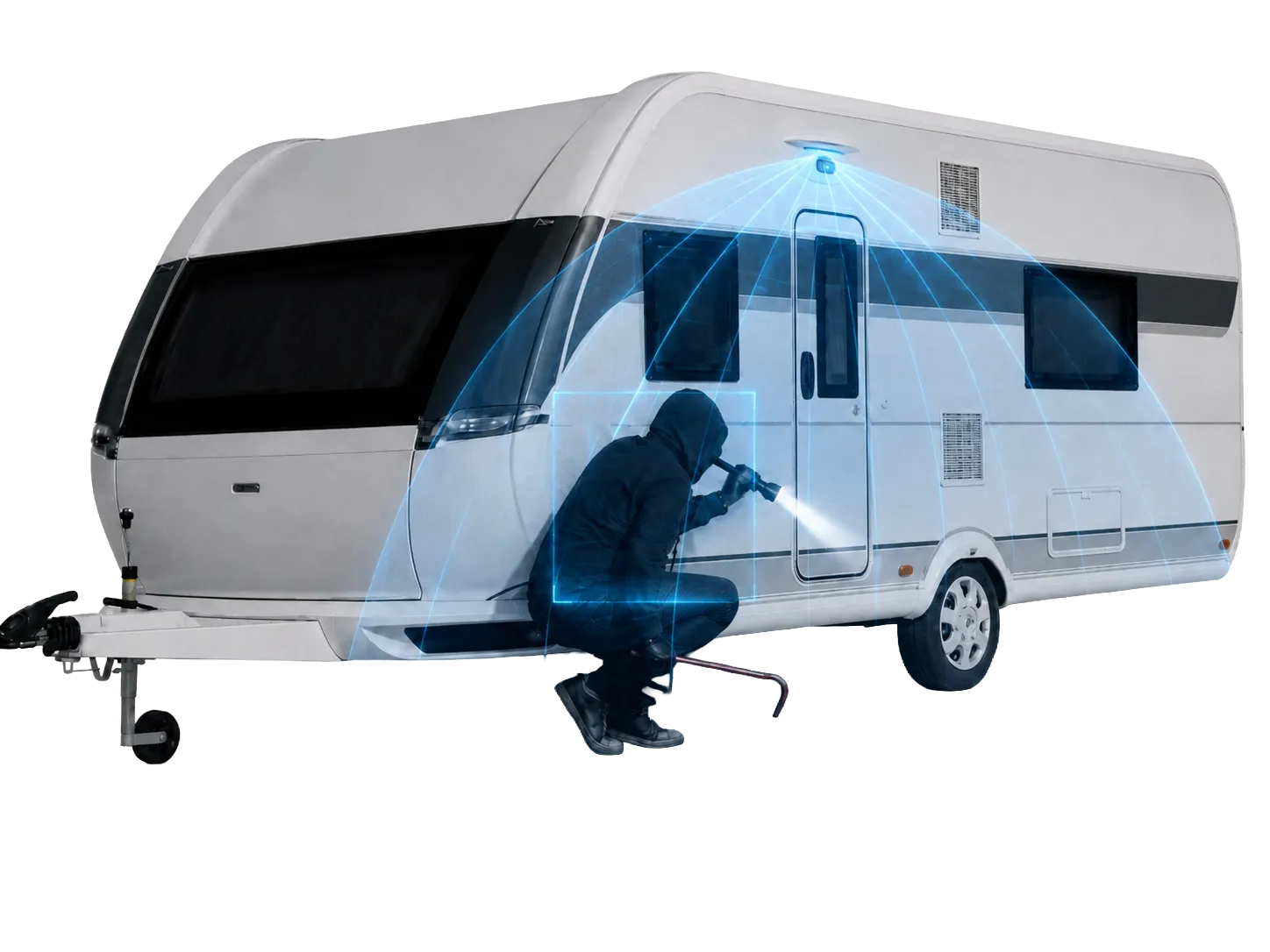 Une personne au visage dissimulé manipule un outil près de la paroi latérale d’une caravane, dans une zone de surveillance bleue.