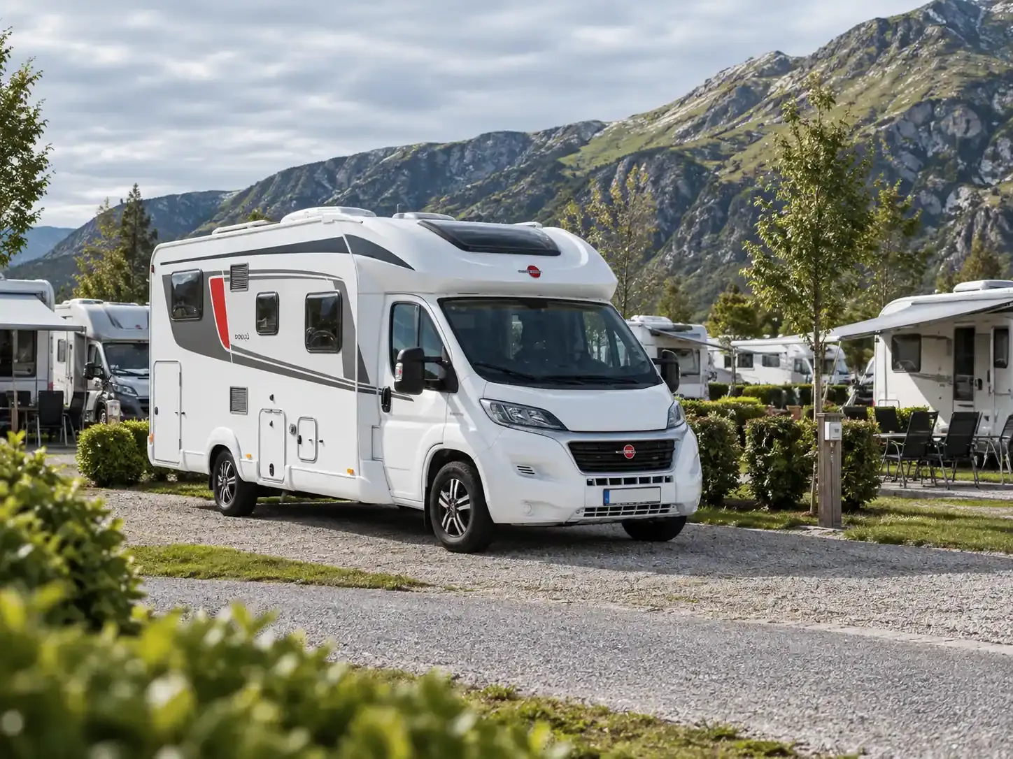 Camping-car entre des véhicules voisins sur un terrain de camping
