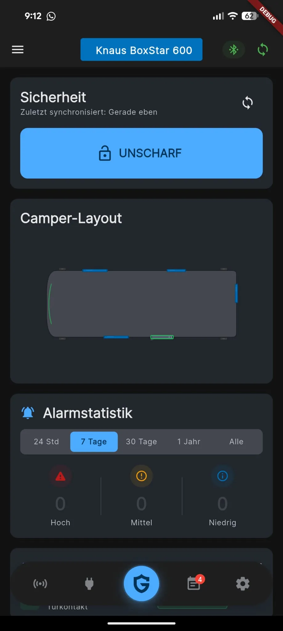 Application CamperGuard avec état de sécurité et vue d’ensemble du camping-car