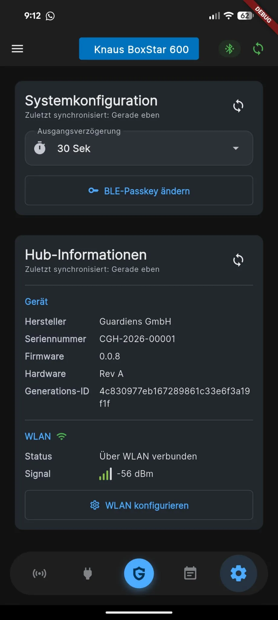 Application CamperGuard avec configuration du système et informations de la centrale