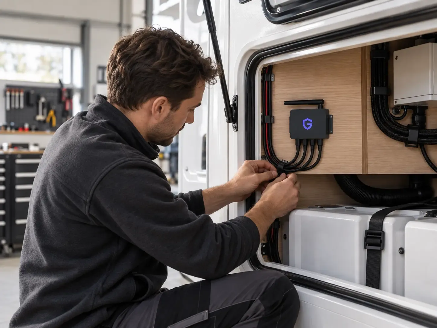 Professionnel intervenant sur des câbles dans le compartiment technique d’un camping-car