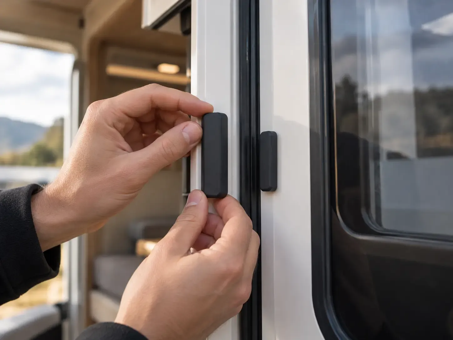 Mains positionnant un détecteur d’ouverture sur le cadre de porte d’un camping-car