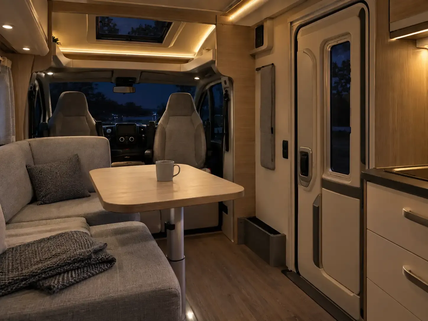 Intérieur d’un camping-car éclairé d’une lumière chaude, porte de cellule fermée, la nuit