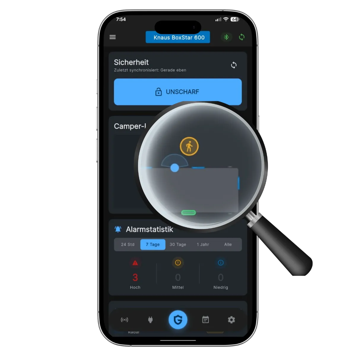 Smartphone avec l’application CamperGuard ouverte