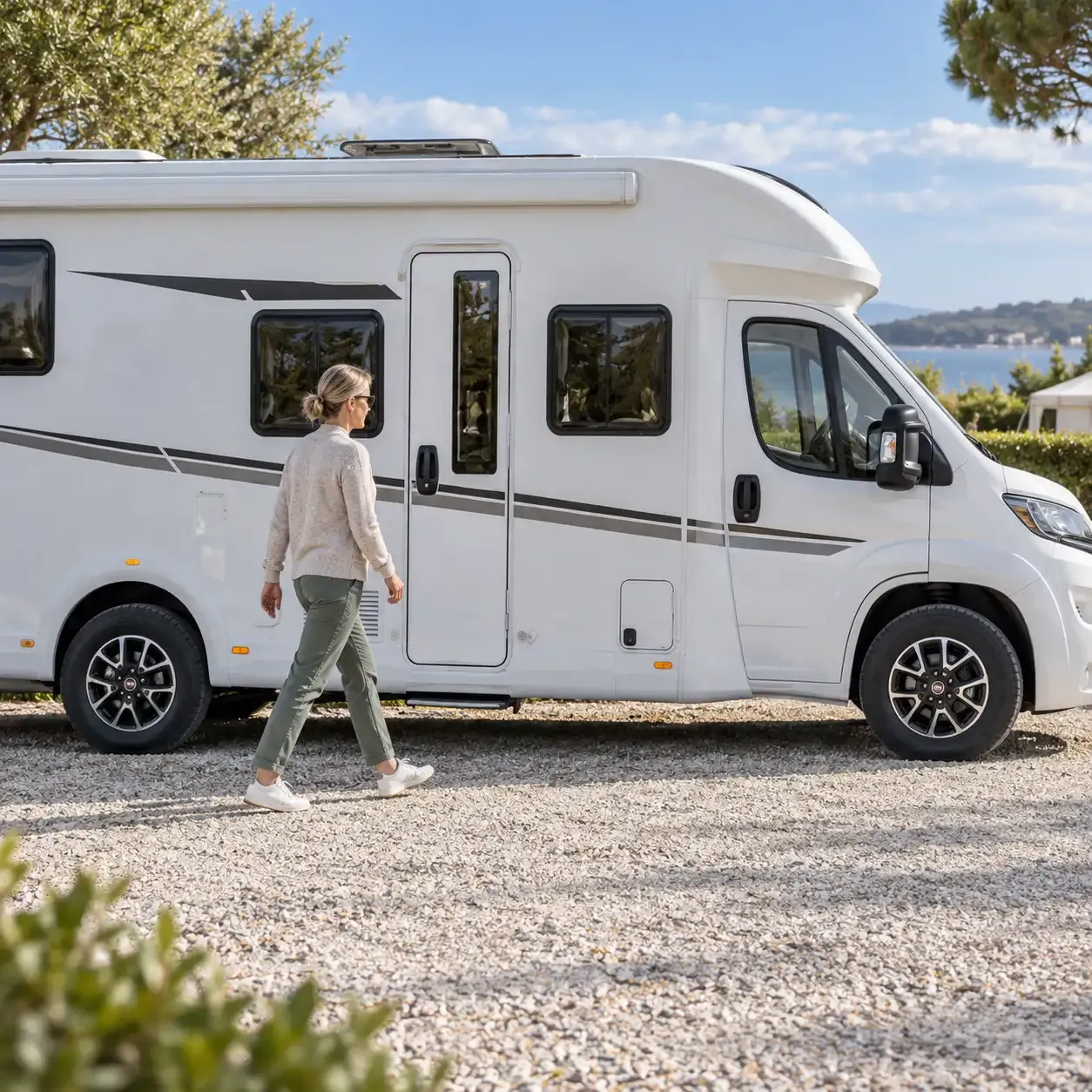Une femme passe devant la porte de cellule fermée d’un camping-car