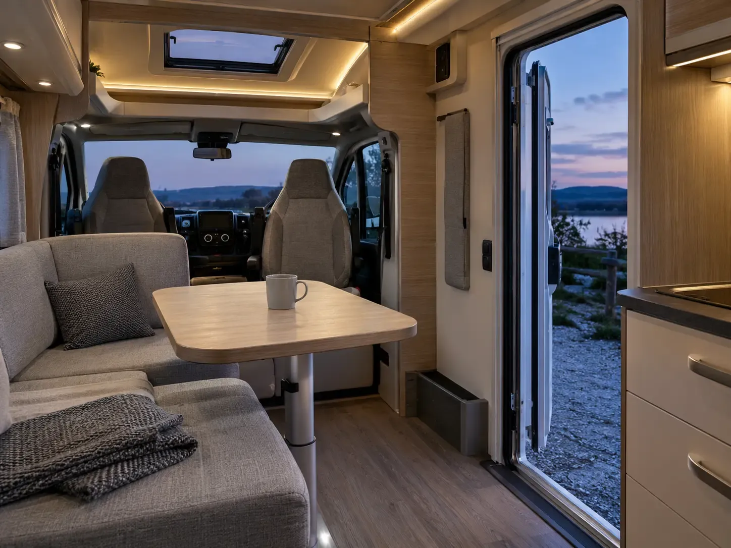 Espace de vie d’un camping-car éclairé, porte ouverte en soirée